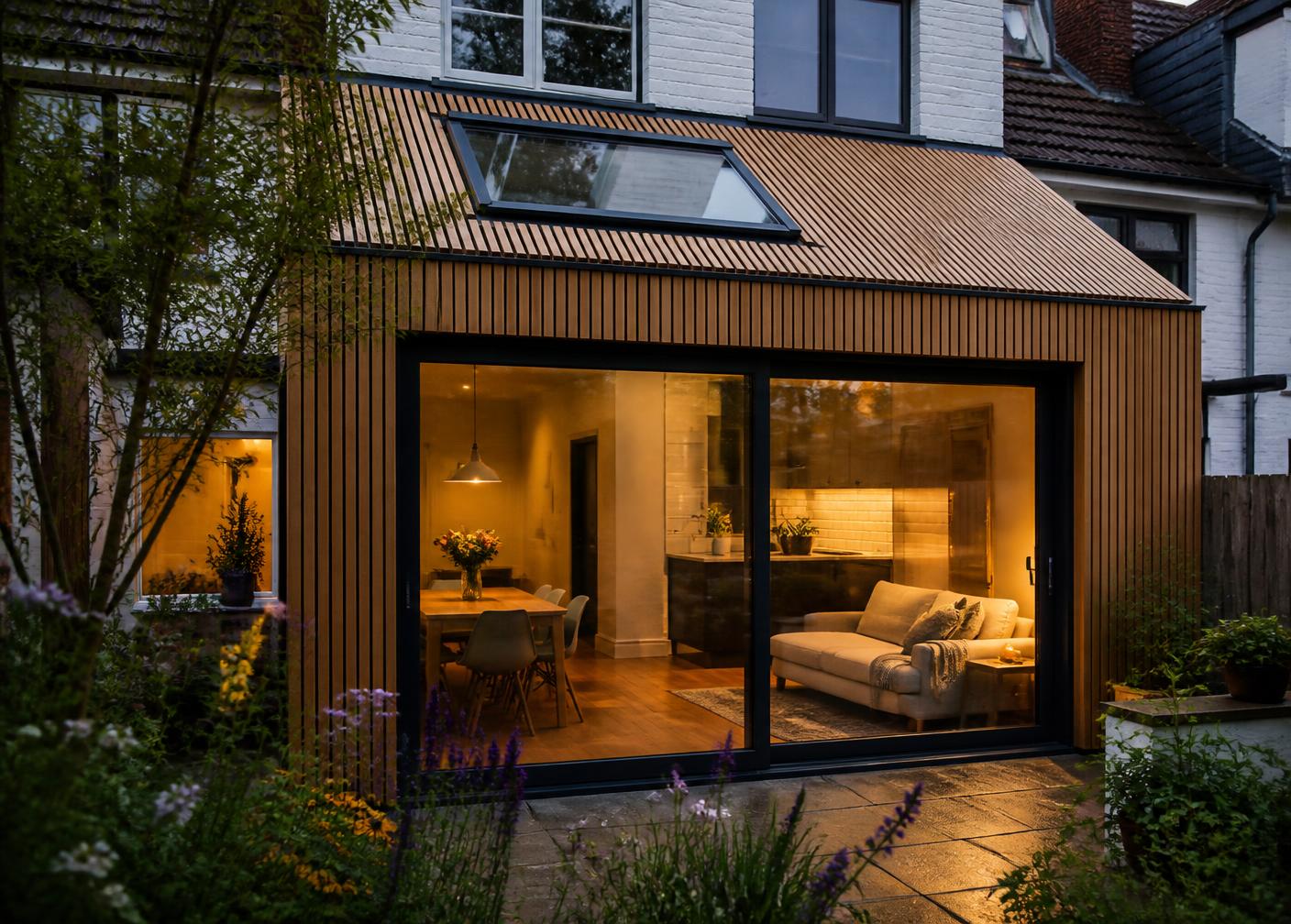 Aanbouw met houten gevelbekleding in de avond